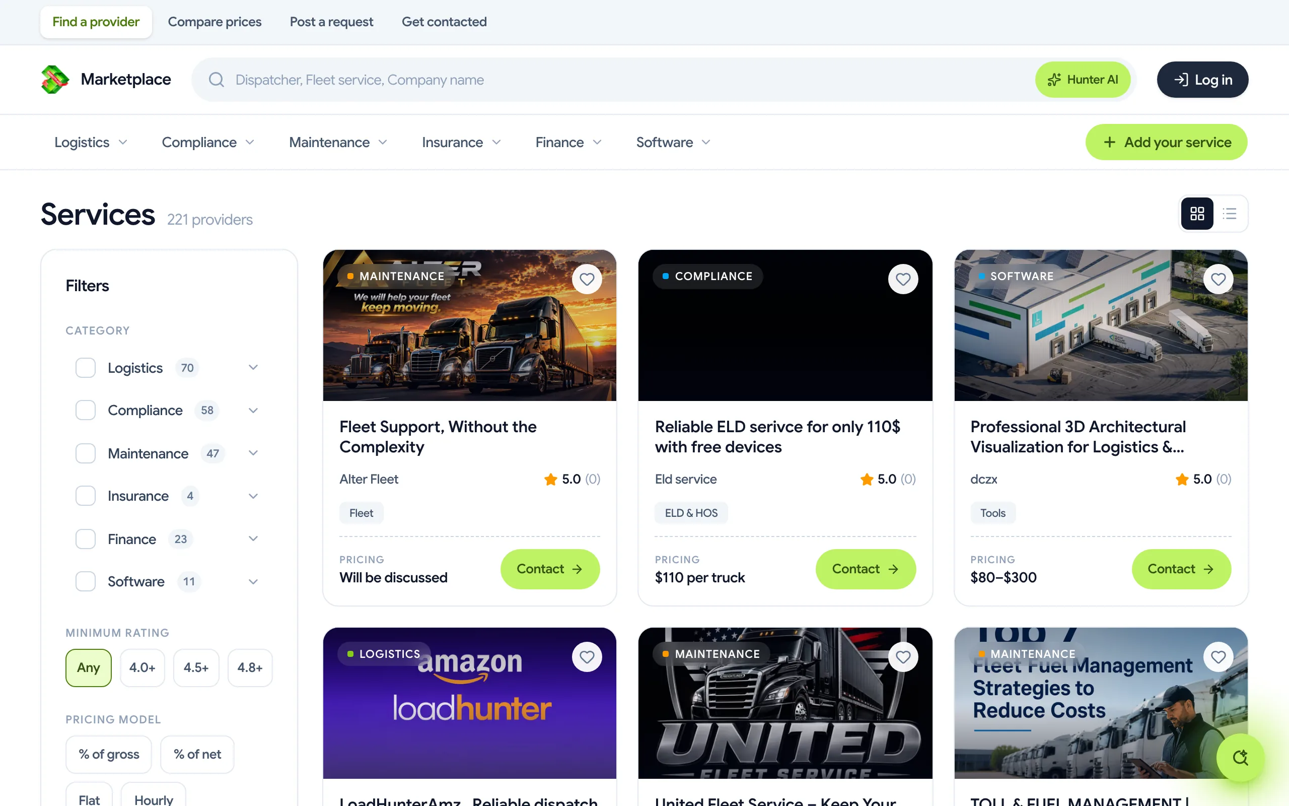 Services catalog with category and location filters beside matching listings.