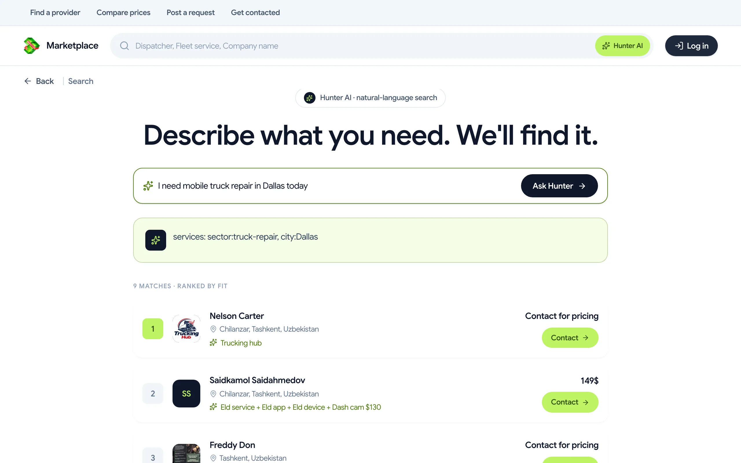 Hunter AI search with a mobile truck repair question and matching service results.