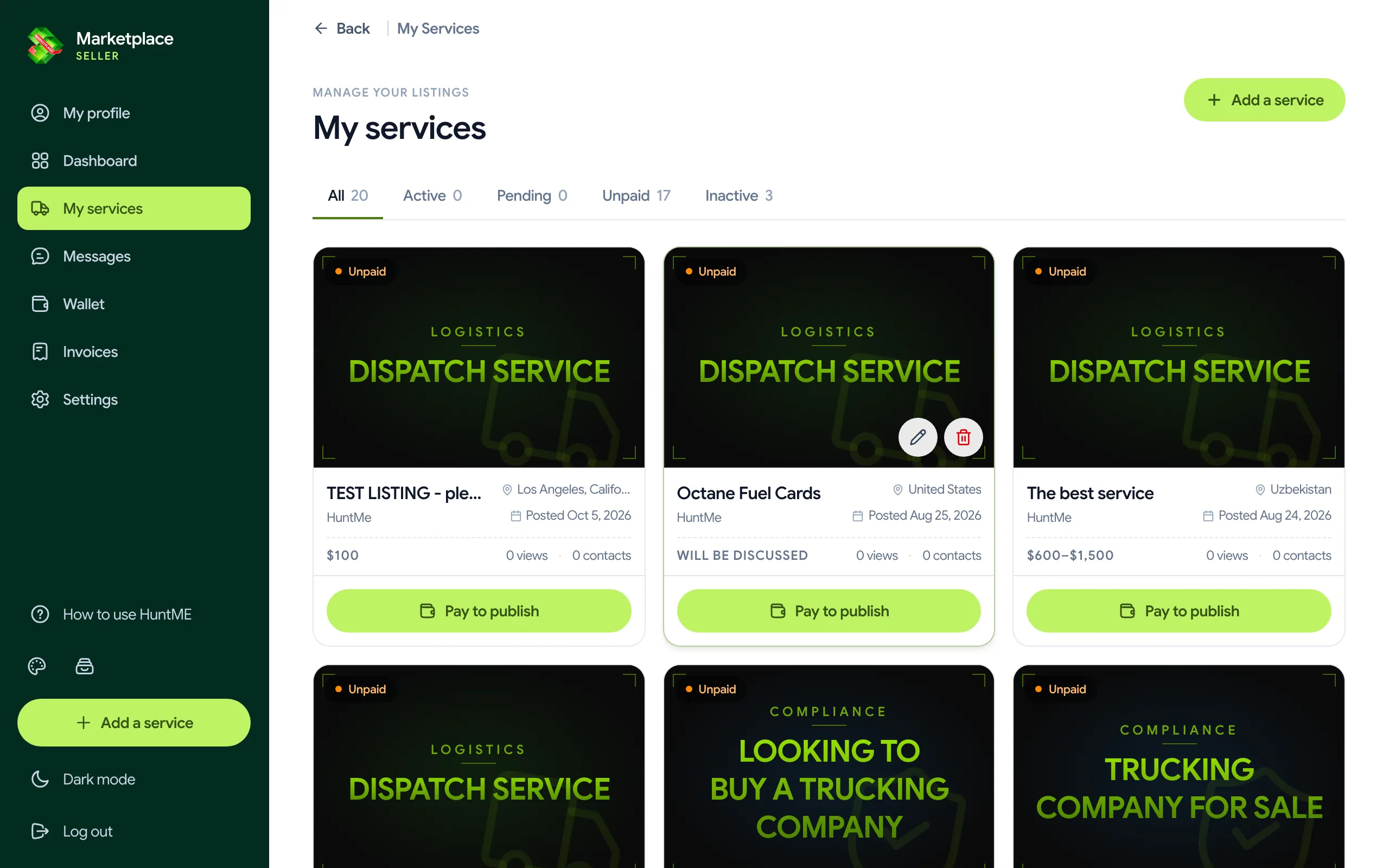 My Services workspace with listing status tabs and an existing listing’s edit action.
