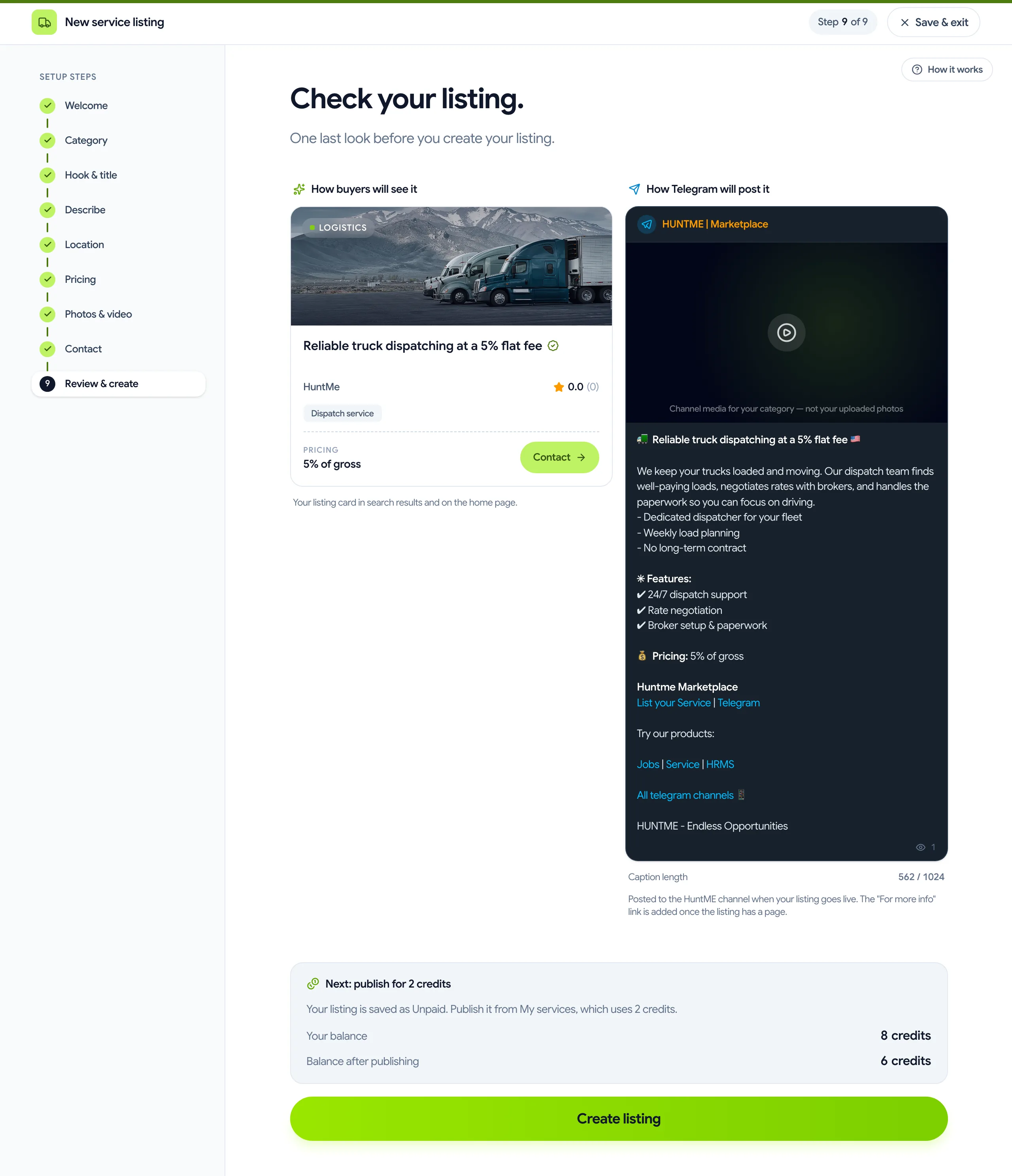 Review and create step with listing and Telegram previews, the credit cost to publish, and the Create listing button.