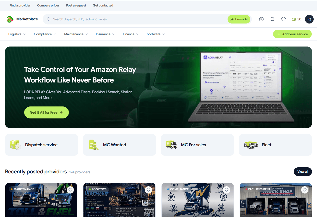 The marketplace home page with the six category tabs and recently posted providers