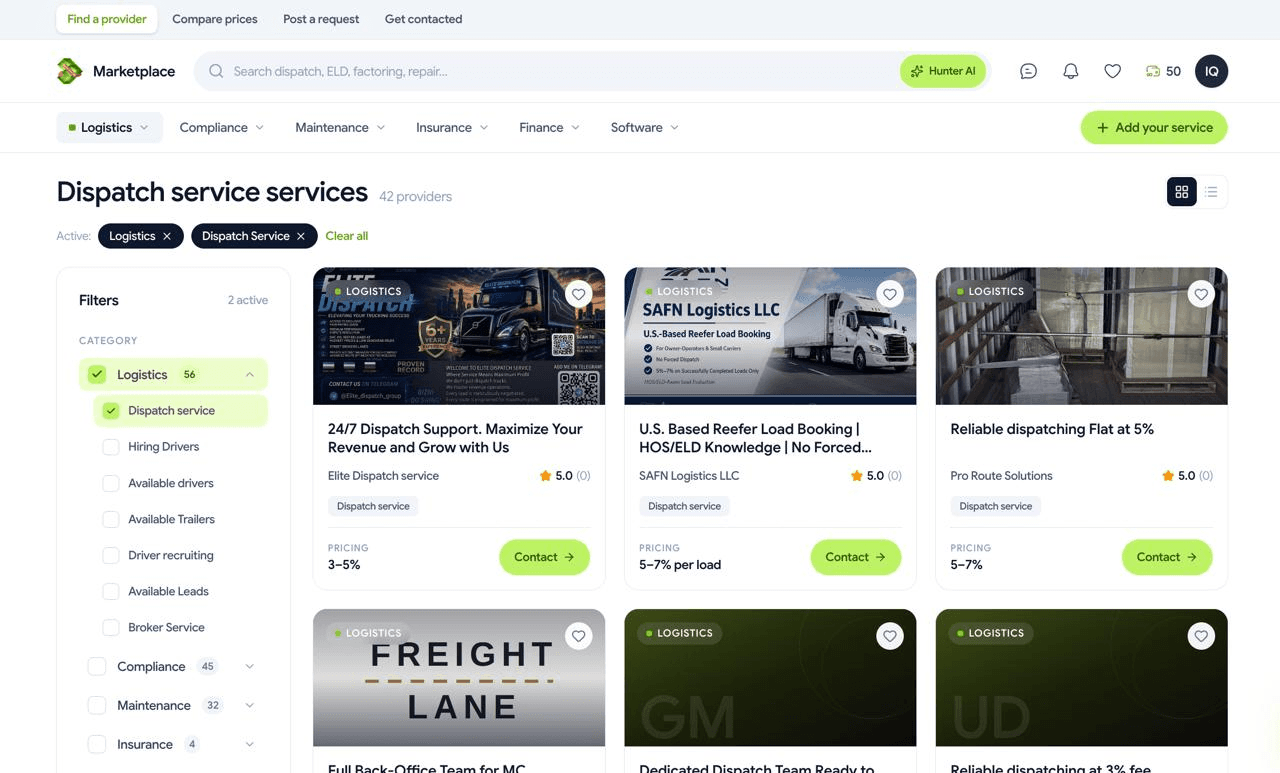 The dispatch services results page with filters and provider cards