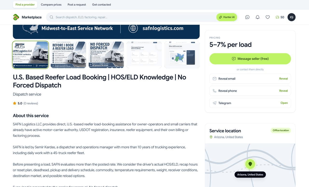 A service listing showing its rating, per-load pricing, and coverage area