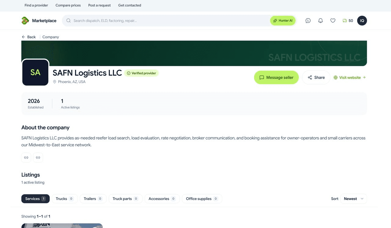 A provider company profile with its contact button and listings